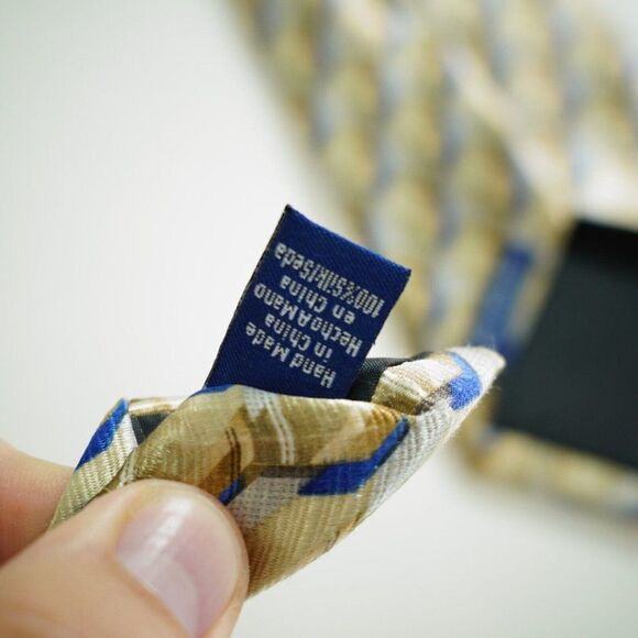 John Ashford Yellow Blue Geometric Abstract Jacquard Print Silk Tie - Picture 5 of 7